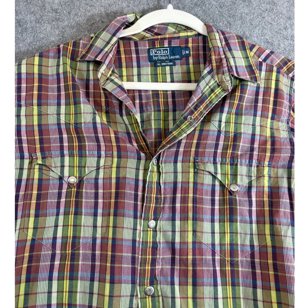 Polo Ralph Lauren Western Shirt Mens Purple Green Plaid Snap Button Medium Retro